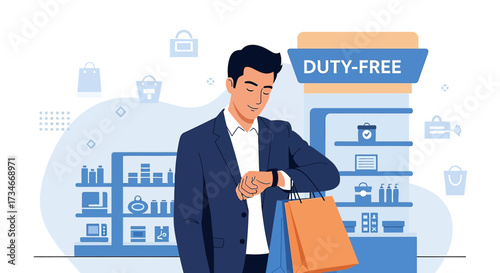 Man Checking Watch in Duty-Free Shop: An illustration depicting travel retail experiences