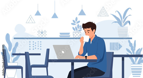 Man enjoying coffee while working remotely on a laptop in a modern cafe