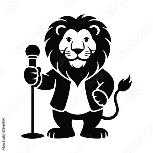 Cartoon lion mascot holding microphone ready to perform music concert entertainment silhouette