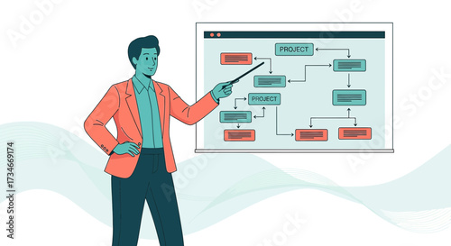 Man presenting a project workflow diagram, perfect for business and education purposes