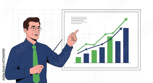 Man presenting business growth chart illustration depicting financial success and investment