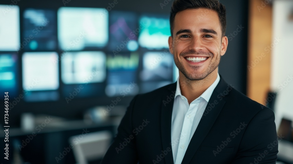 Fototapeta premium Smiling Businessman in Suit with Display Wall, Modern Office , Business , Leadership