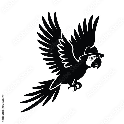 Chic parrot in hat flying with open wings silhouette isolated on white silhouette