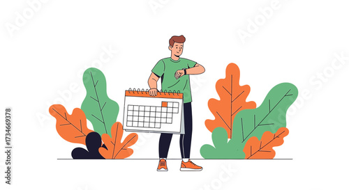 Man with Calendar Checking Time - Planning and Time Management Illustration