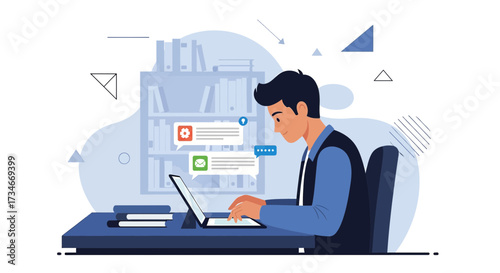 Man working on laptop at desk receiving messages in a modern office space vector illustration
