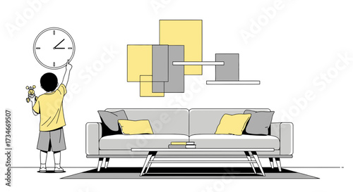 Minimalist living room scene featuring a boy playing with a clock and modern decor design