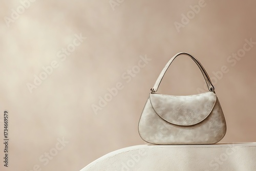 Greige handbag with curved silhouette placed on a chalk-toned background 