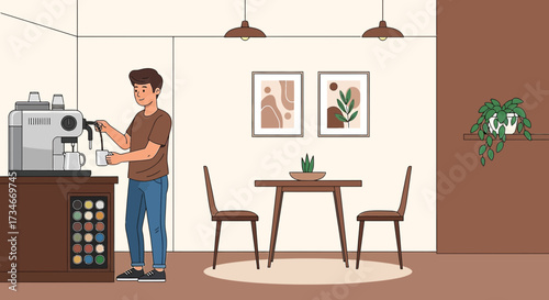 Morning Routine: Man Preparing Coffee in Stylish Minimalist Dining Area with Artwork