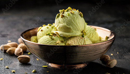 Elegant Pistachio Ice Cream In Ornate Bowl With Chopped Nuts Creamy Texture Rich Color Inviting And Delicious Dessert