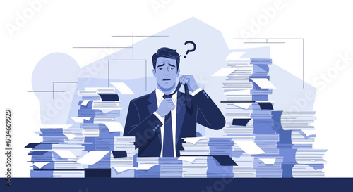 Overwhelmed businessman surrounded by stacks of paperwork faces immense workload challenges