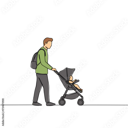 Father walking with stroller carrying baby in a minimalist setting  