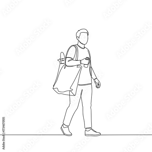 Man walking with grocery bag and skateboard in minimalist style  