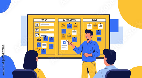 Presentation of project management process with kanban board, team discussion concept, task