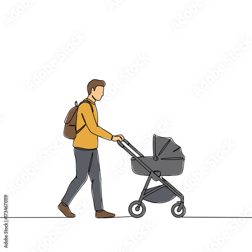Man pushing stroller while walking on white background  