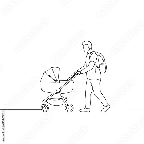 Man pushing a stroller while walking with a backpack indoors  