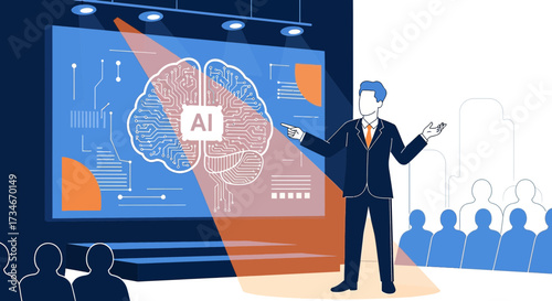 Presentation on artificial intelligence vector illustration conference show stage design