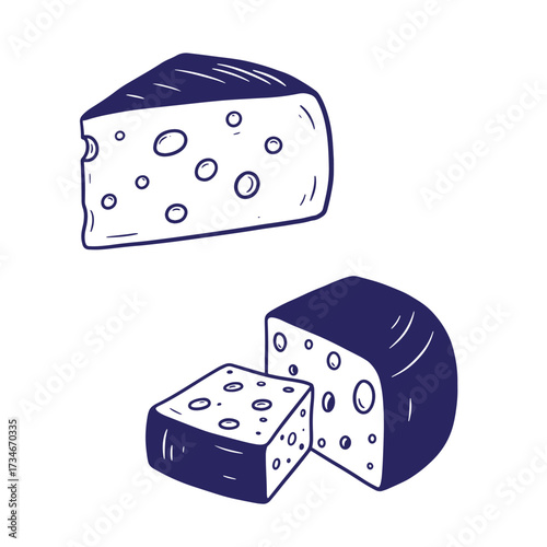 Hand drawn illustrations of delicious cheese wedges with holes in a simple sketch style