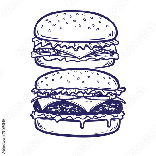 Hand drawn illustration of two stacked delicious burgers with various ingredients and sesame seed buns