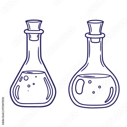 Hand drawn ink style illustrations of two laboratory flasks with liquid and bubbles