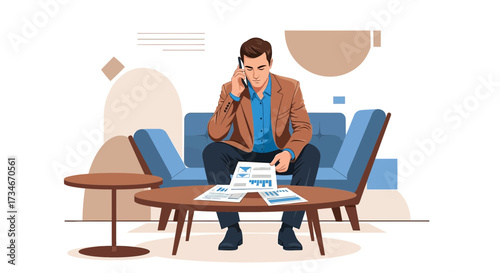 Professional discussion: Man analyzes data reports during a business call in modern office