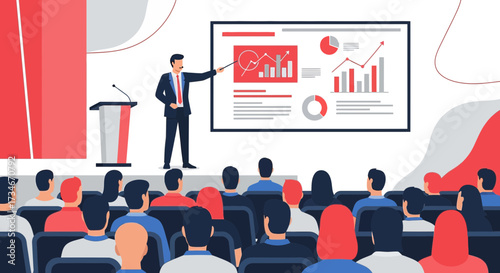 Professional presentation with a speaker explaining data to an audience in a modern conference