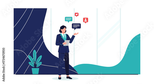Professional woman presenting social media metrics in modern office environment illustration
