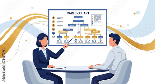 Professional woman presents career chart to colleague in business environment setting