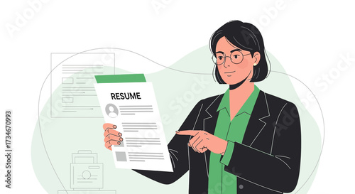 Professional woman reviewing job resume, examining details and qualifications with focus