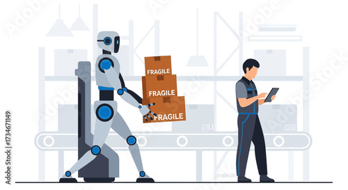 Robot assistant handling fragile packages in warehouse with human worker overseeing process