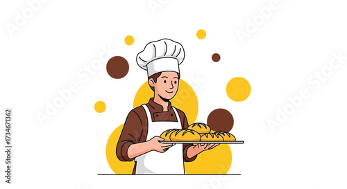 Smiling baker holding a tray of freshly baked bread in a bakery setting illustration