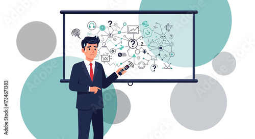 Stressed Businessman Presenting Complex Business Model on Projector Screen during meeting