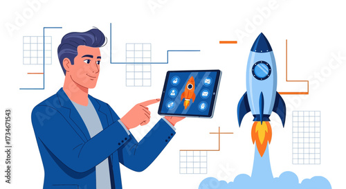Successful business startup concept with businessman and rocket launch from tablet illustrating