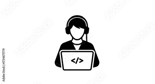 Woman working on laptop with headphones icon