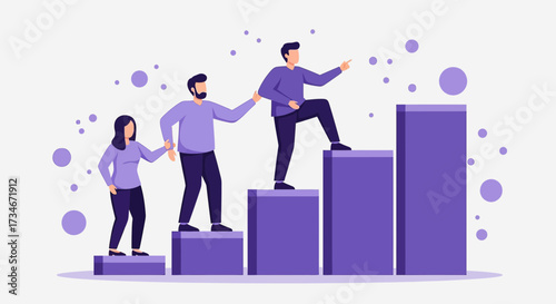 Teamwork and support to achieve success, symbolized by people climbing the stairs together towards