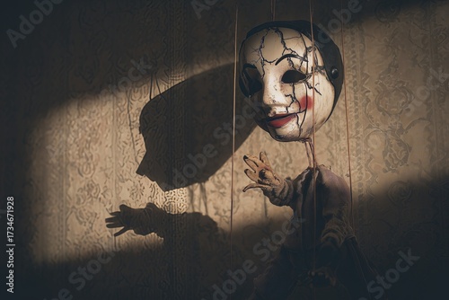 Cracked marionette puppet casting shadow in dramatic light
