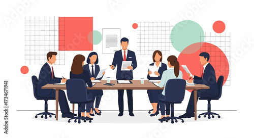 Teamwork and leadership depicted in business conference room with diverse professionals