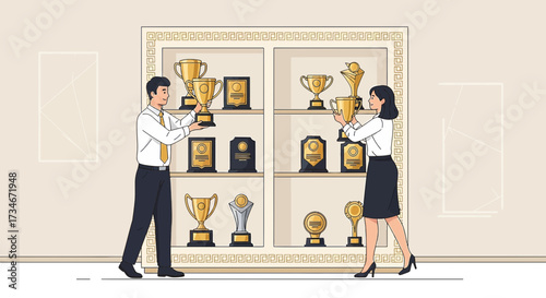 Teamwork display of accomplishments with man and woman arranging trophies on a shelf filled with