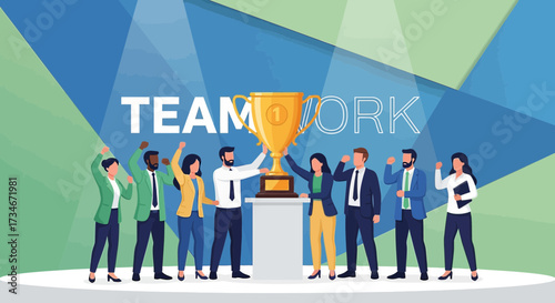 Teamwork success celebration vector illustration achieving goals and aspirations with dedication
