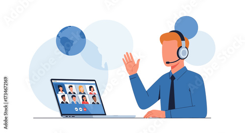 Virtual meeting illustration depicts remote collaboration and global communication, emphasizing