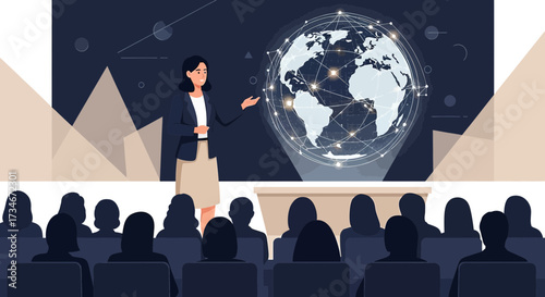 Woman presenting global network connection in business meeting or conference event