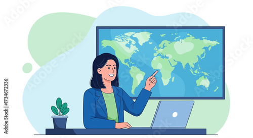 Woman presenting world map on screen, working on laptop with online global connection