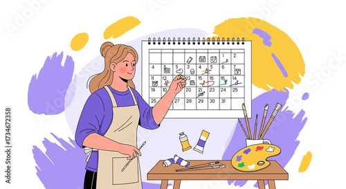 Woman scheduling artistic activities, organizing her creative process on a calendar, enjoying art