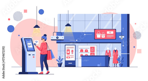 Woman using IOT terminal at the store entrance enabling seamless shopping experience and