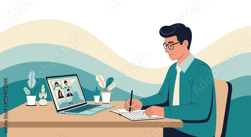 Young professional participating in a virtual meeting and taking notes at home