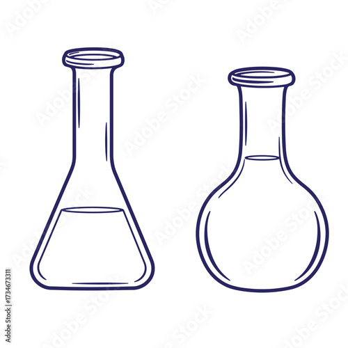 Simple outline illustration of two laboratory flasks used for science experiments research