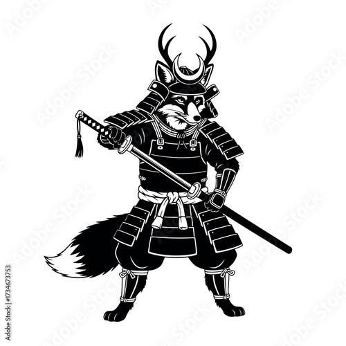 Black silhouette of a fox dressed as a samurai warrior with a sword Keywords: fox, samurai, warrior, armor, sword, katana, helmet, Japanese, culture, transparent background also white background