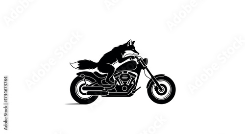 Black silhouette of a fox riding a motorcycle on a white background Keywords: fox, motorcycle, riding, animal, vehicle, transportation, silhouette, black transparent background also white background