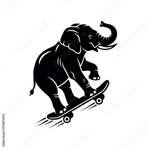 Black silhouette of an elephant skateboarding with motion lines Keywords: elephant, skateboarding, skateboard, animal, circus, trick, sport, motion, transparent background also white background