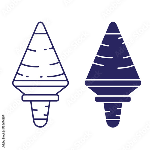Simple stylized icon depicting a conical shape design with outlined and filled variations