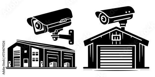 Security cameras on buildings for surveillance and protection.